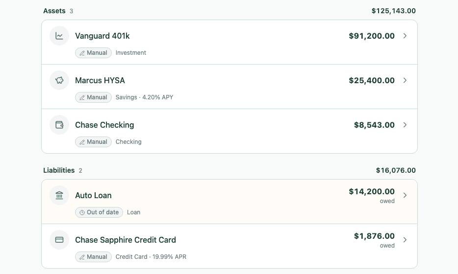 Bao accounts page listing connected Vanguard, Marcus, and Chase accounts with balances