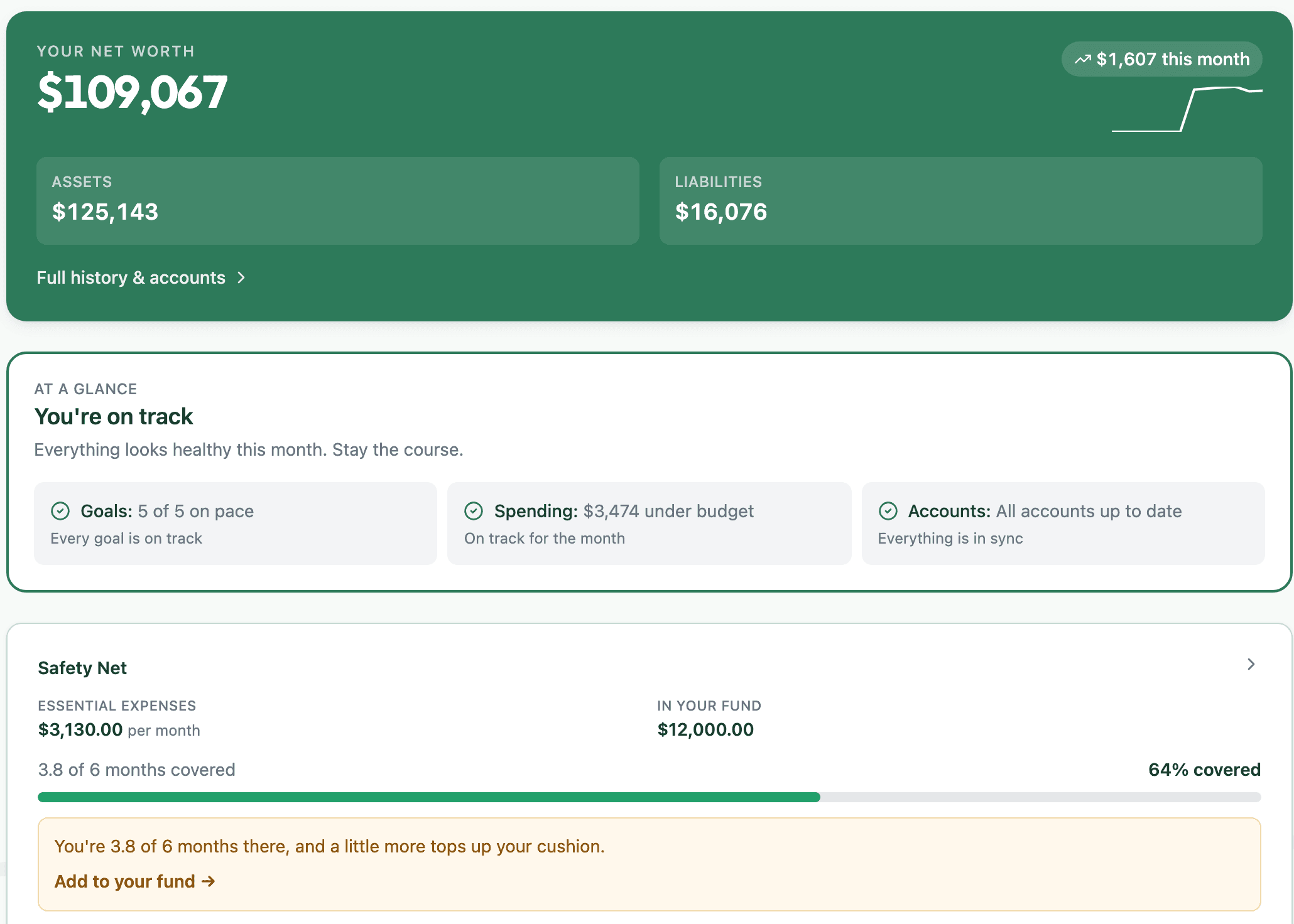Bao dashboard showing net worth, an at-a-glance status, and safety-net progress