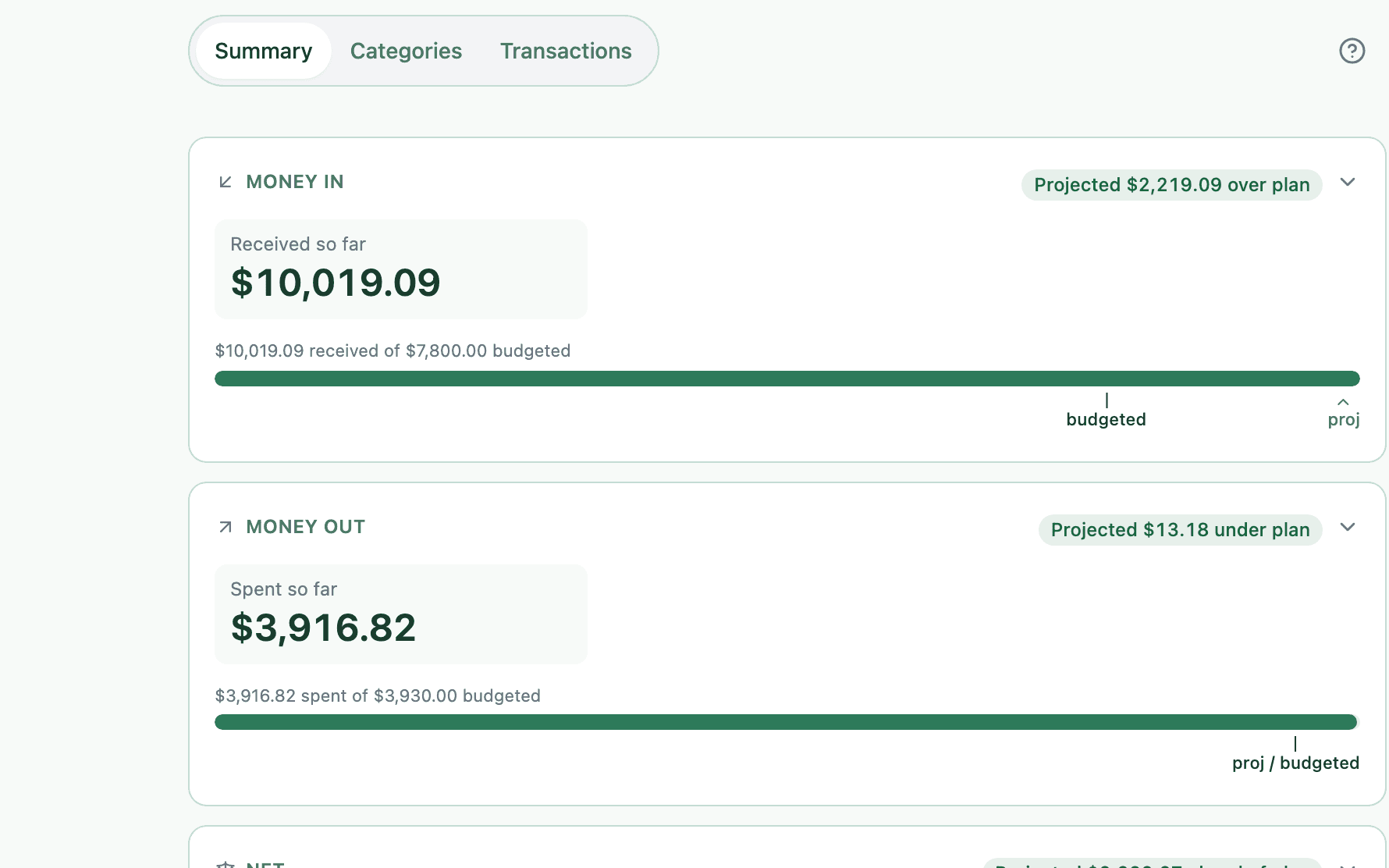 Bao cashflow showing money in, money out, and a projection to month-end