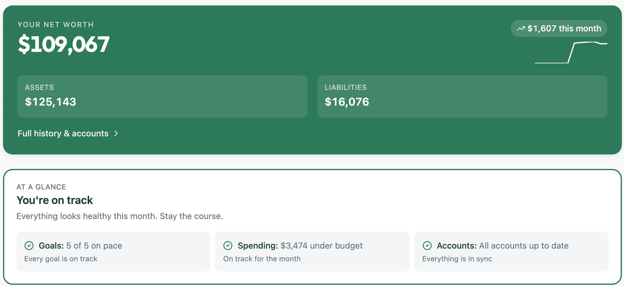 Bao dashboard showing net worth trending upward across checking, savings, and credit accounts
