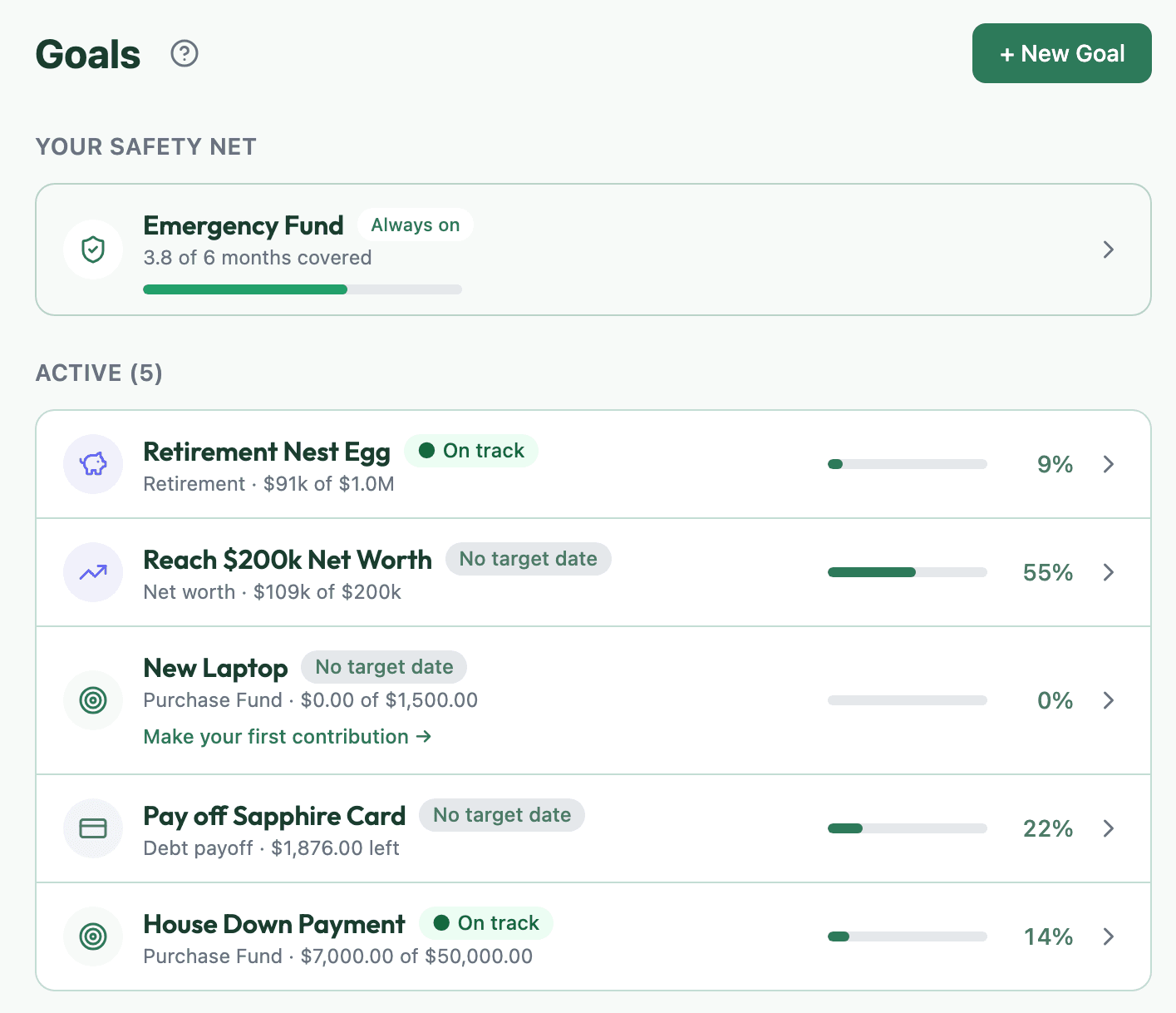 Bao goals page showing an emergency fund and five savings goals with target dates